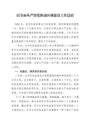 以全面从严治党推动区域建设工作总结