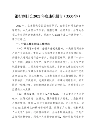 银行副行长2022年度述职报告（3533字）