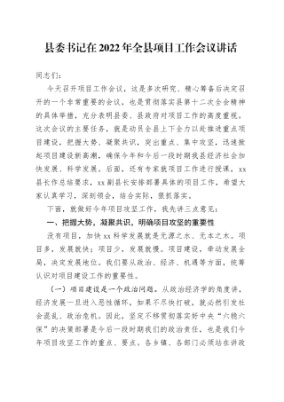 在2022年全县项目工作会议上的讲话
