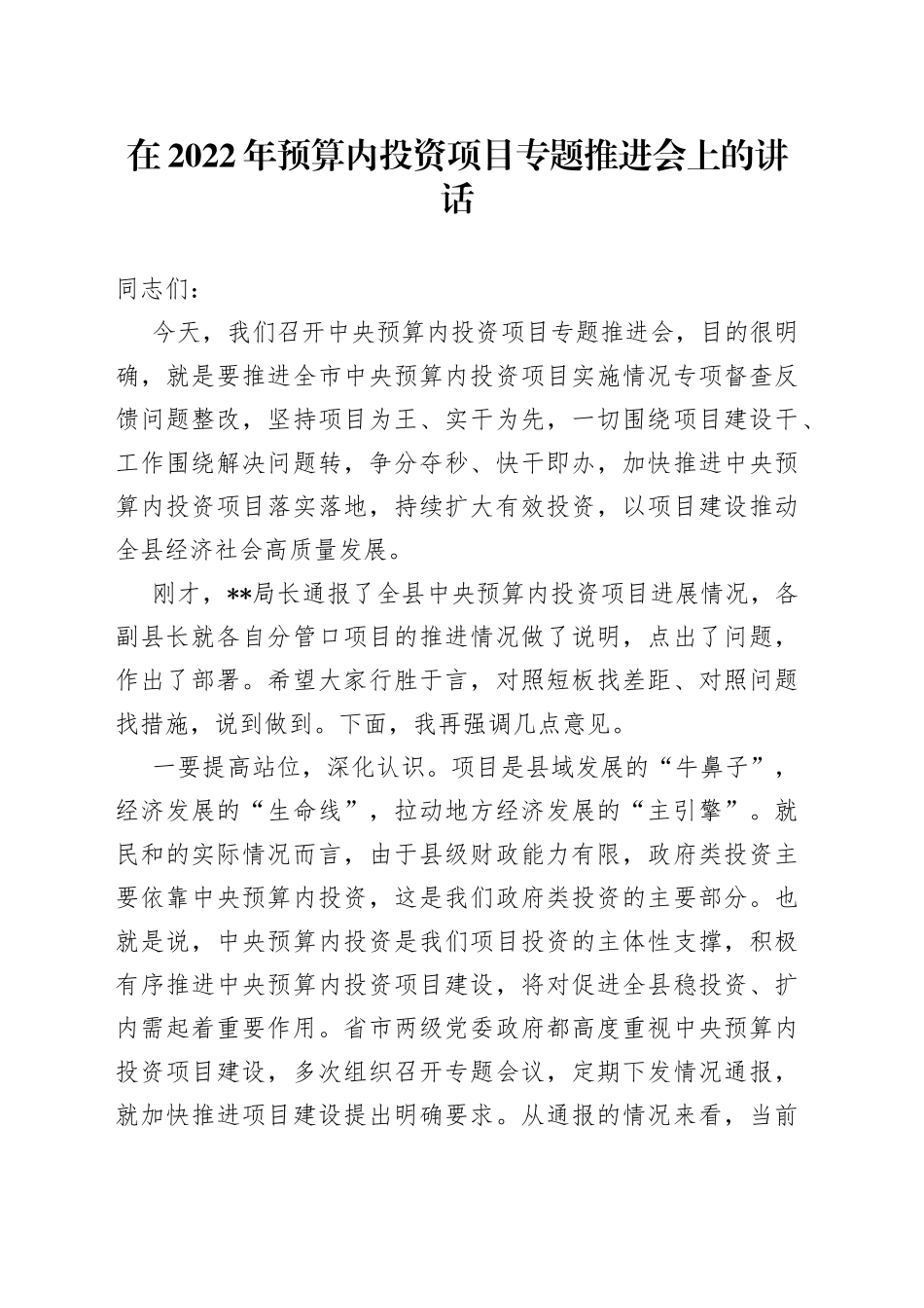 在2022年预算内投资项目专题推进会上的讲话_第1页