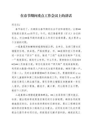 在春节期间重点工作会议上的讲话