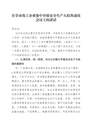 在全市化工企业集中开展安全生产大检查动员会议上的讲话