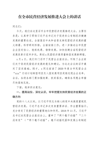 在全市民营经济发展推进大会上的讲话