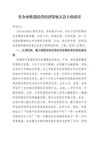 在全市推进民营经济发展大会上的讲话