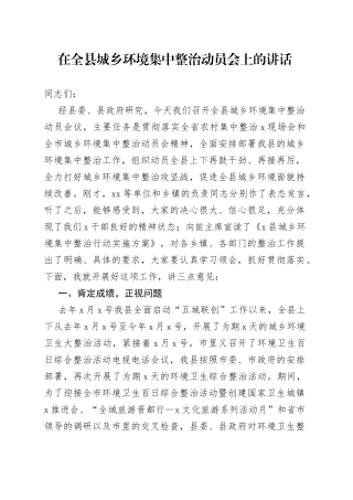 在全县城乡环境集中整治动员会上的讲话