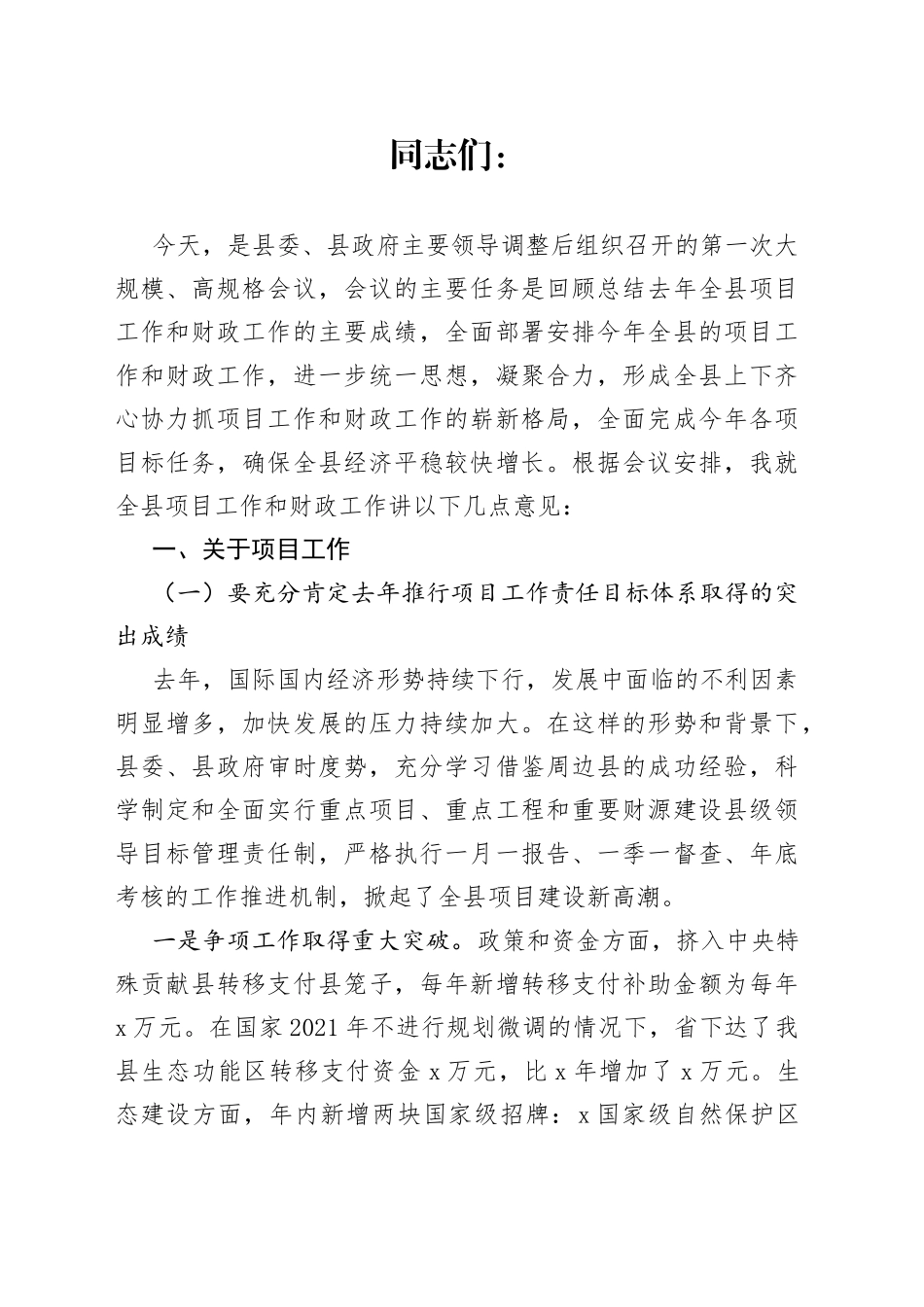 在全县项目和财政工作会议上的讲话_第1页