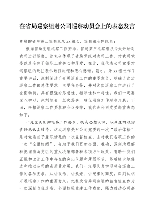 在省局巡察组赴公司巡察动员会上的表态发言