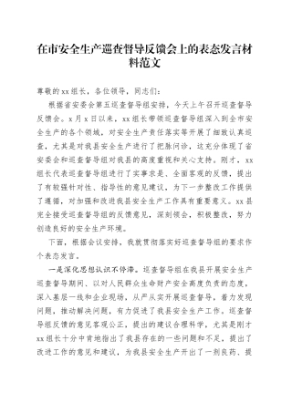 在市安全生产巡查督导反馈会上的表态发言材料