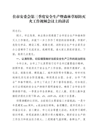 在市安委会第三季度安全生产暨森林草原防灭火工作视频会议上的讲话