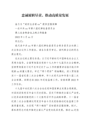 在市委六届纪委第二次全体会议上的工作报告