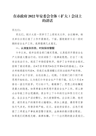 在市政府2022年安委会全体（扩大）会议上的讲话