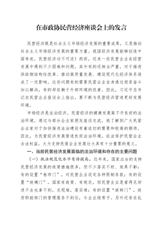 在市政协民营经济座谈会上的发言（1）