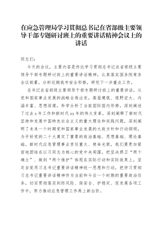 在应急管理局学习贯彻总书记在省部级主要领导干部专题研讨班上的重要讲话精神会议上的讲话