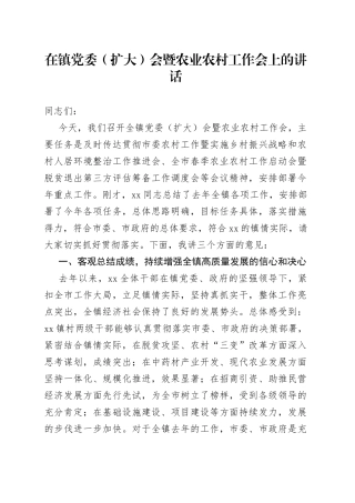 在镇党委（扩大）会暨农业农村工作会上的讲话