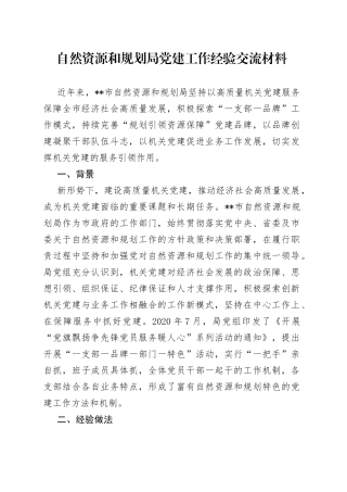 自然资源和规划局党建工作经验交流材料