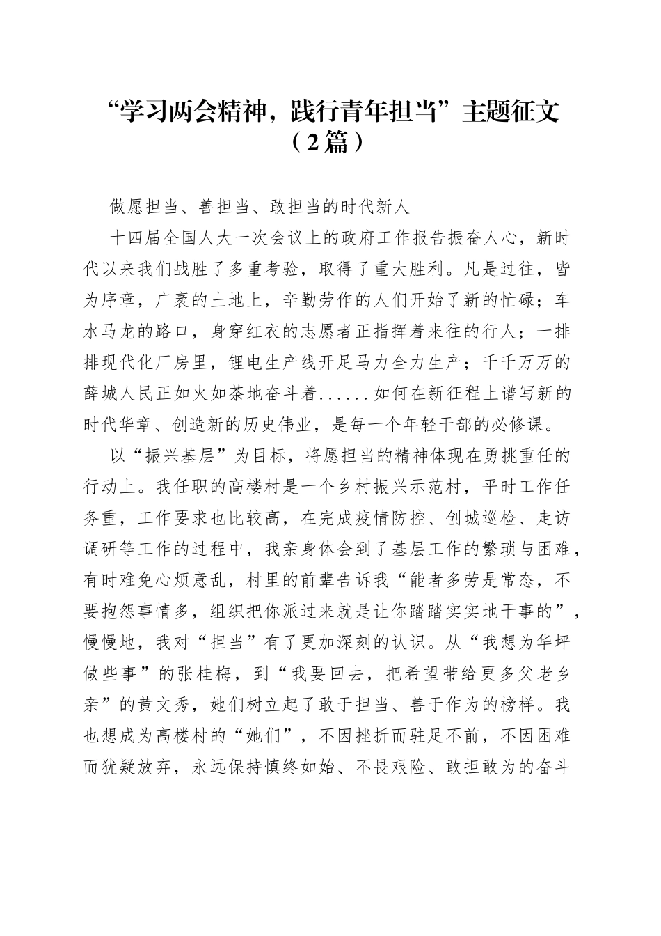 （2篇）“学习两会精神，践行青年担当”主题征文_第1页