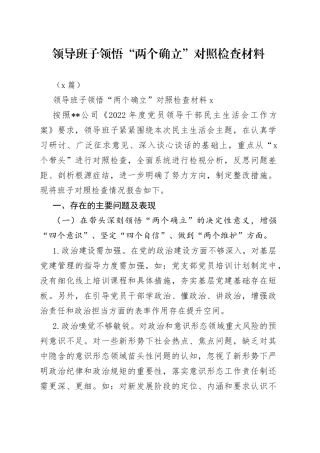 （2篇）领导班子领悟“两个确立”对照检查材料