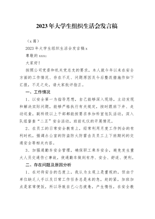 （3篇）2023年大学生组织生活会发言稿