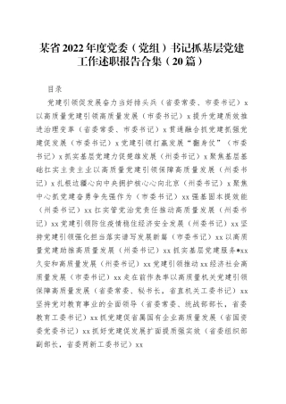 （20篇）某省2022年度党委（党组）书记抓基层党建工作述职报告合集