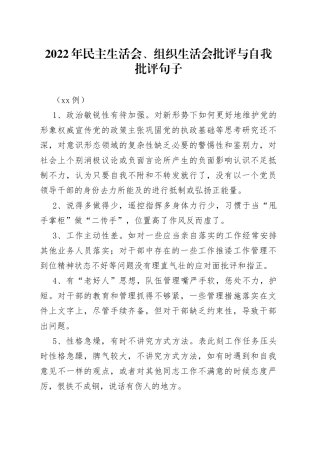 （39例）2022年民主生活会、组织生活会批评与自我批评句子