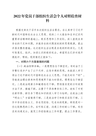 2022年党员干部组织生活会个人对照检查材料