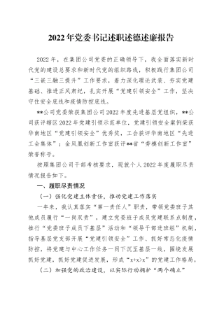 2022年党委书记述职述德述廉报告