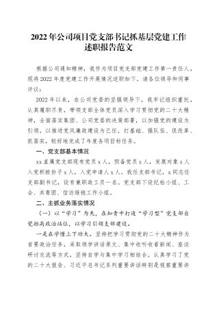 2022年公司项目党支部书记抓基层党建工作述职报告范文（集团企业项目部，书记党建述职，党建工作第一责任人）