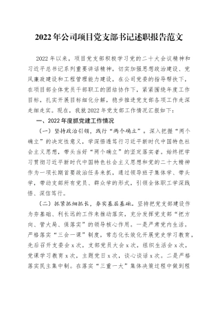 2022年公司项目党支部书记述职报告（集团企业项目部党支部工作汇报总结报告，抓基层党建工作）