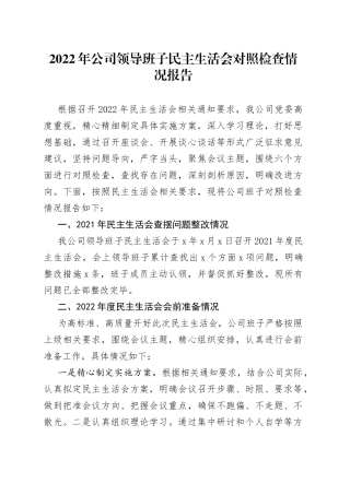 2022年公司领导班子民主生活会对照检查情况报告