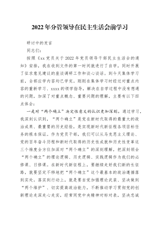 2022年分管领导在民主生活会前学习研讨中的发言