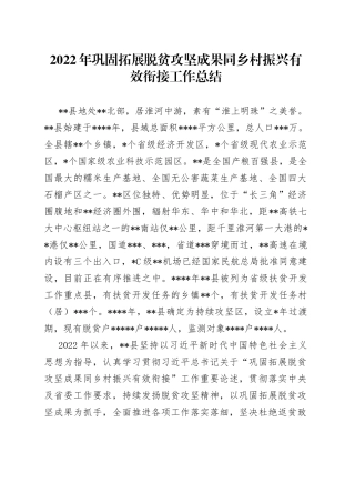 2022年巩固拓展脱贫攻坚成果同乡村振兴有效衔接工作总结