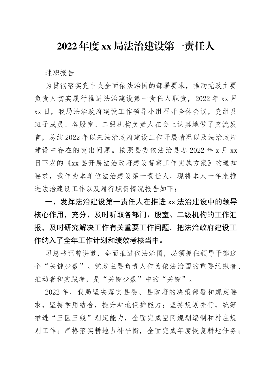 2022年度XX局法治建设第一责任人述职报告_第1页