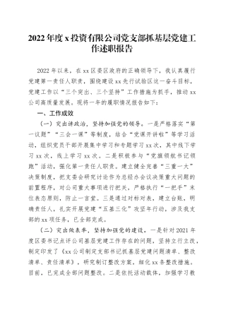 2022年度XX投资有限公司党支部抓基层党建工作述职报告