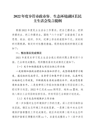 2022年度分管市政市容、生态环境副区长民主生活会发言提纲