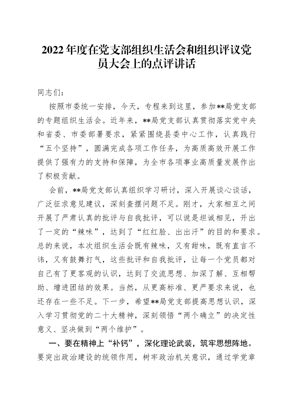 2022年度在党支部组织生活会和组织评议党员大会上的点评讲话_第1页