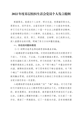 2022年度基层组织生活会党员个人发言提纲