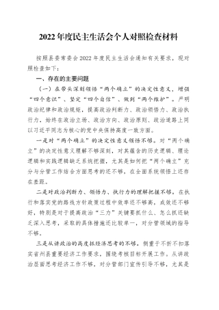 2022年度民主生活会个人对照检查