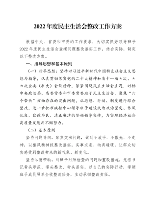 2022年度民主生活会整改工作方案