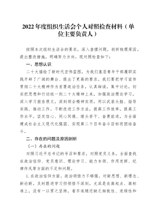 2022年度组织生活会个人对照检查材料（单位主要负责人）