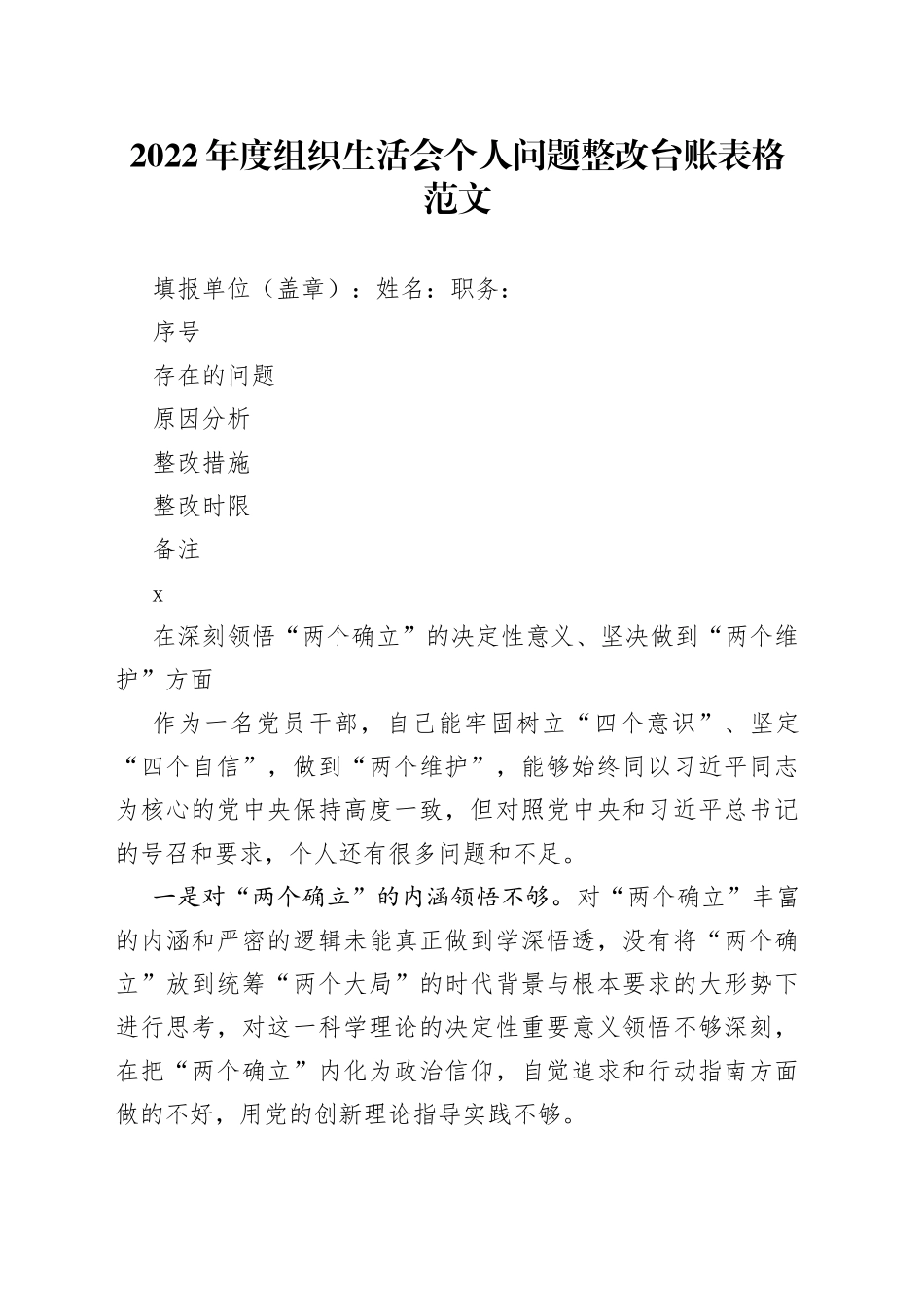 2022年度组织生活会个人问题整改台账_第1页