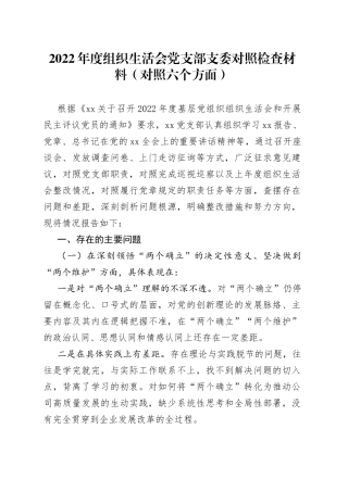 2022年度组织生活会党支部支委对照检查材料（对照六个方面）