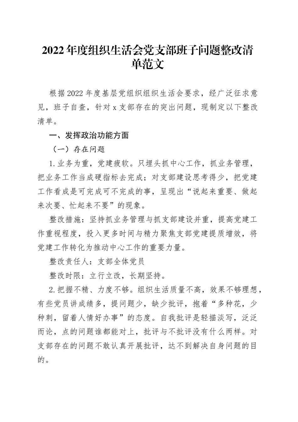 2022年度组织生活会党支部班子问题整改清单措施2023初_第1页