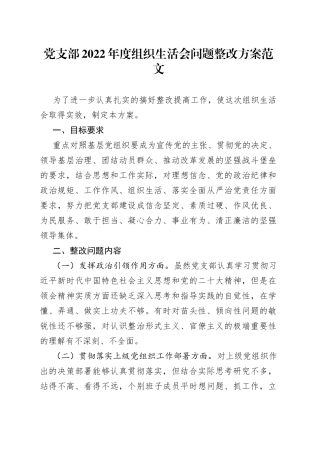 2022年度组织生活会问题整改工作方案2023初