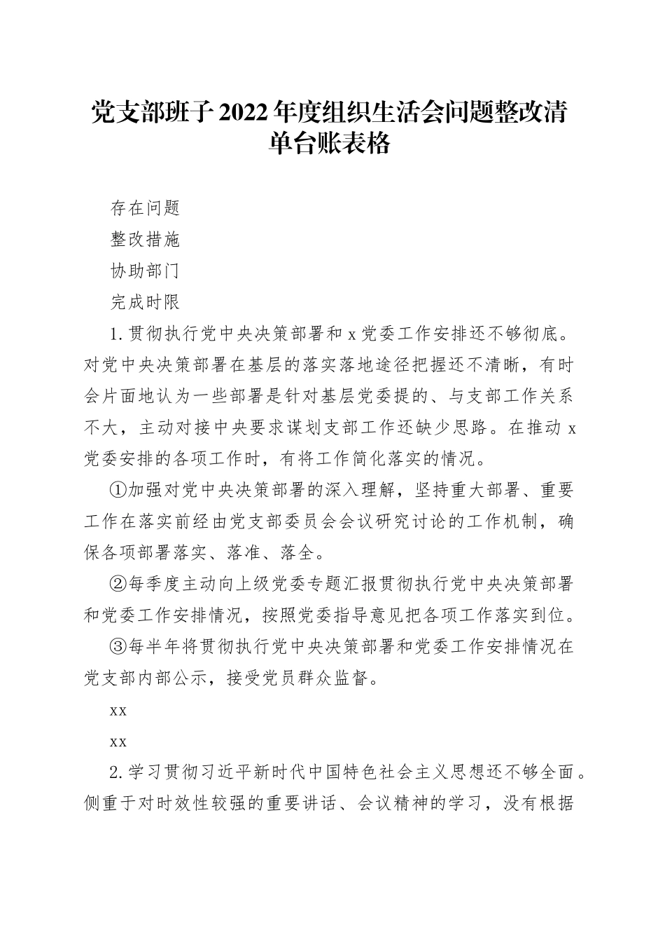 2022年度组织生活会问题整改清单台账_第1页