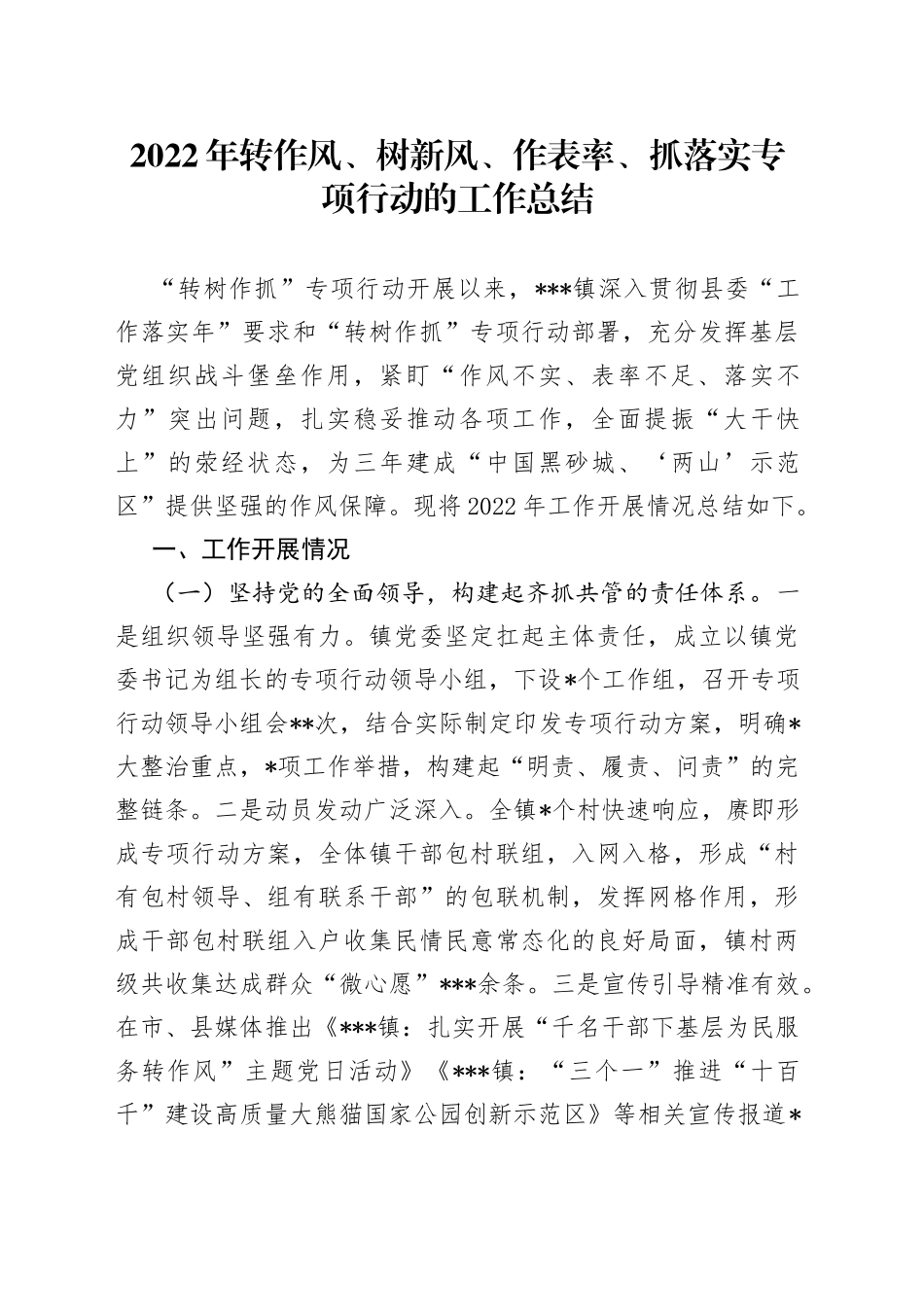 2022年转作风、树新风、作表率、抓落实专项行动的工作总结_第1页