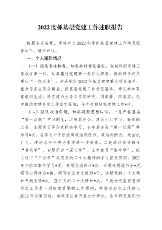 2022度抓基层党建工作述职报告