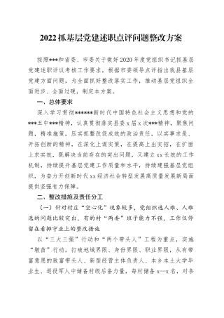 2022抓基层党建述职点评问题整改方案