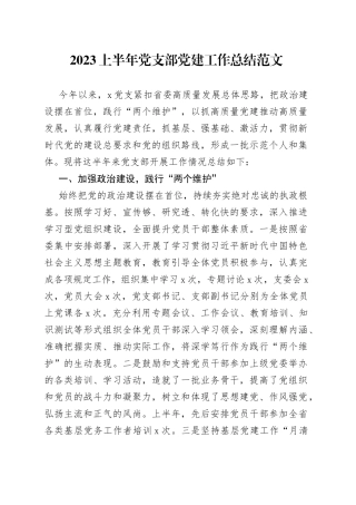 2023上半年党支部党建工作总结汇报报告