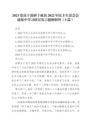 2023党员干部班子成员2022年民主生活会会前集中学习研讨发言提纲材料（5篇）