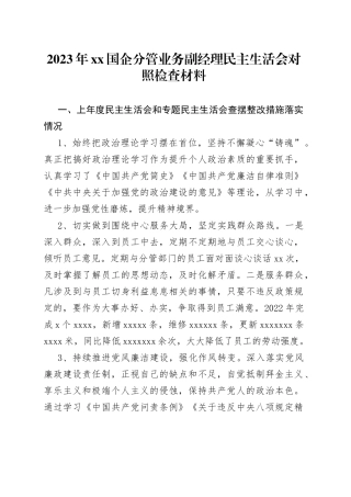 2023年xx国企分管业务副经理民主生活会对照检查材料